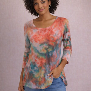 Anthro Pure + Good Tie Dye Tunic Top XS 3/4 Sleeve Red Blue Casual